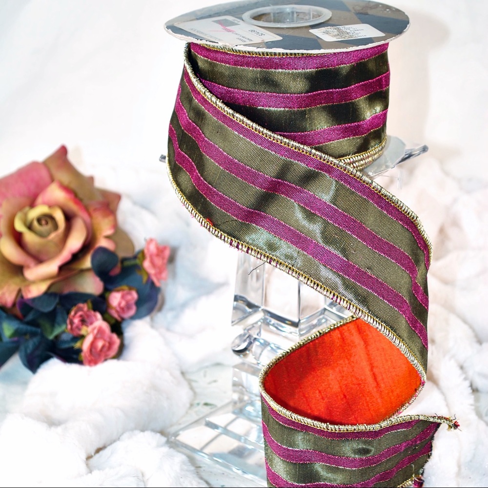 NWT Katherine's Collection dupioni fuchsia/bronze striped & rust colored backing